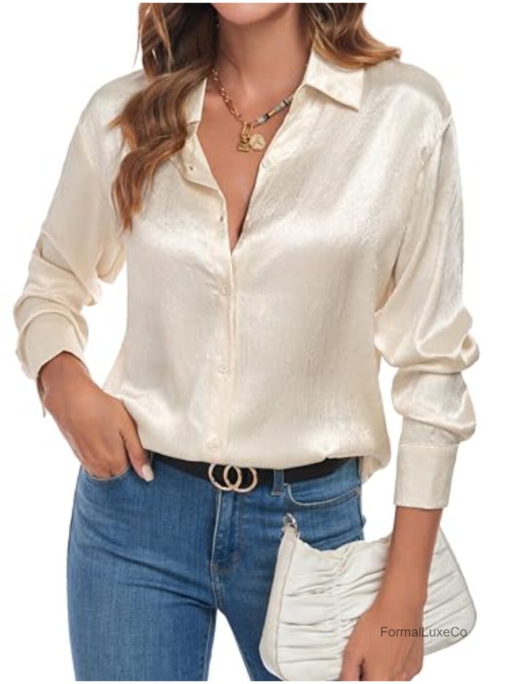 Satin Silk Texture Button Down Long Sleeve Blouse
